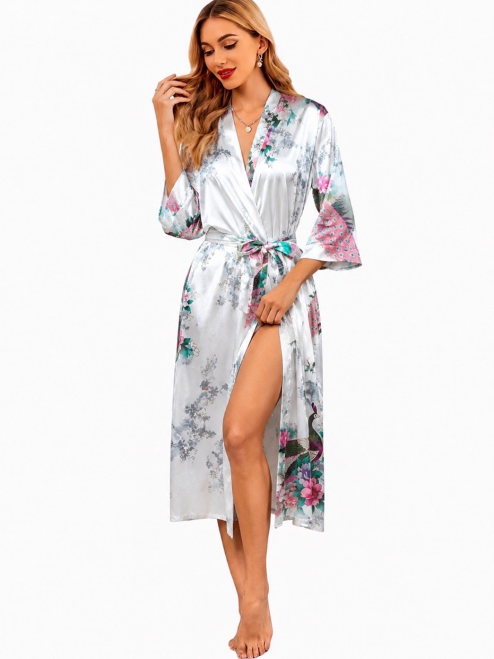 Singapore Collection 100% silk Kimono robe with floral peacock print.